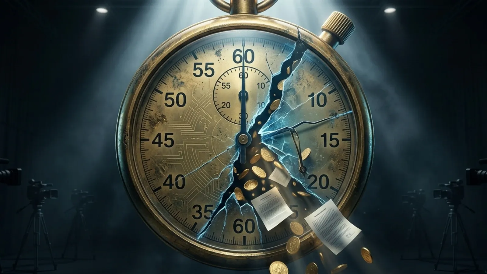 Cracked stopwatch spilling gold coins and legal documents — the price of editorial silence.