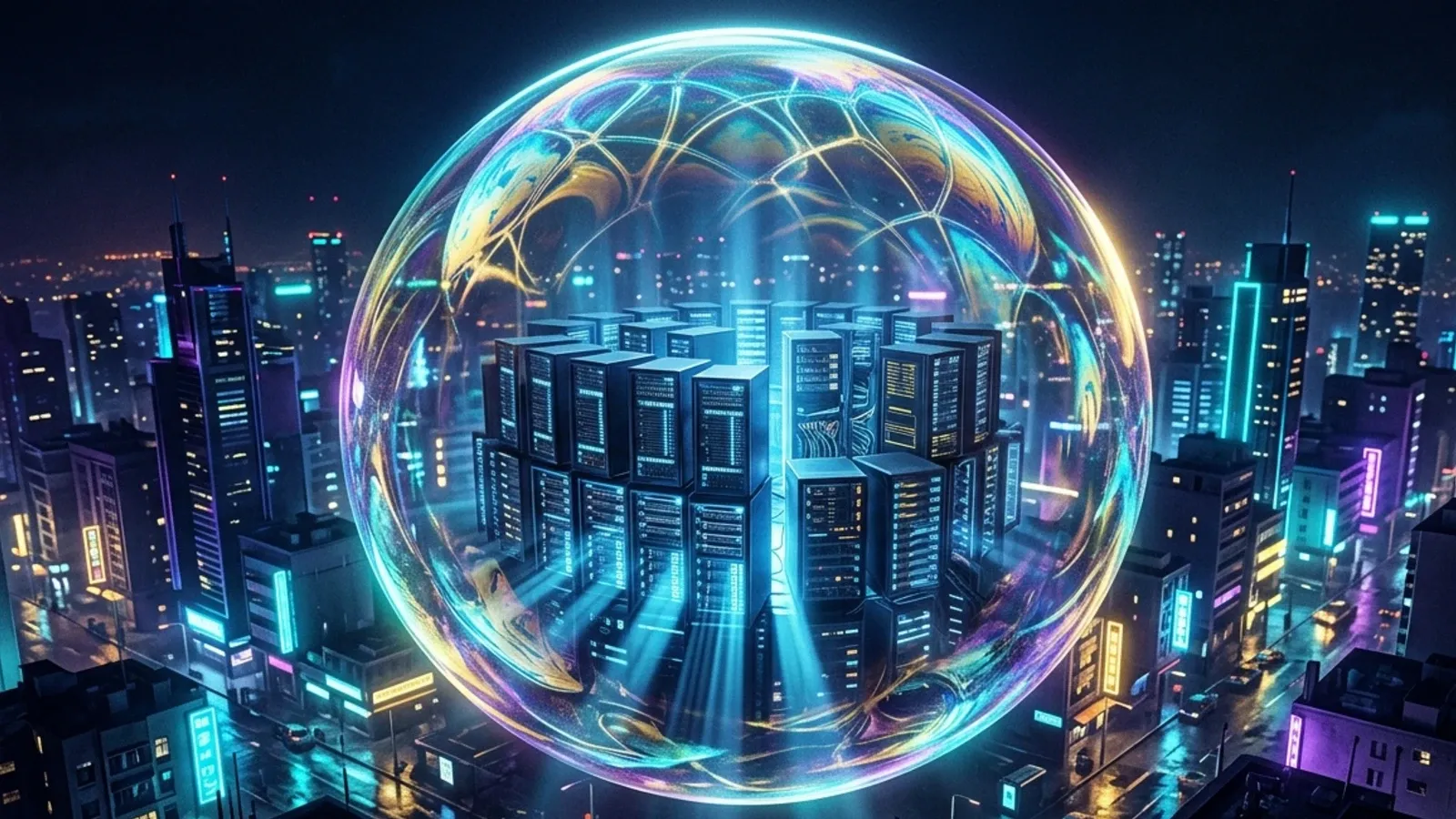 Data centers trapped inside a glowing iridescent bubble floating above a neon city at night.