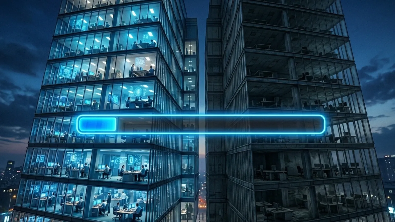 Glass office tower split between AI-lit busy floors and dark empty ones, progress bar stalled.