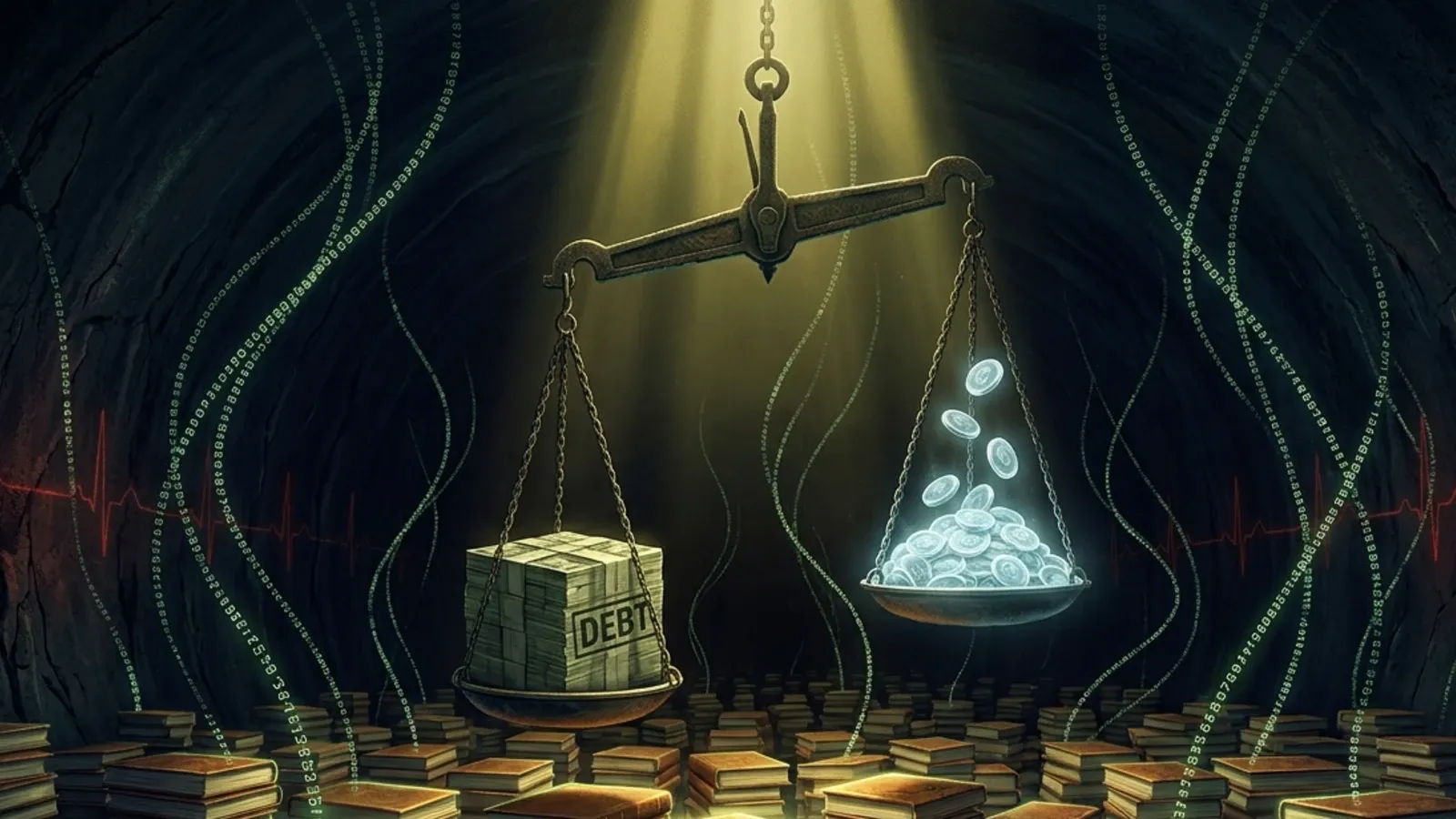 Rusted scale weighs debt block against ghost coins that glow but were never real money.