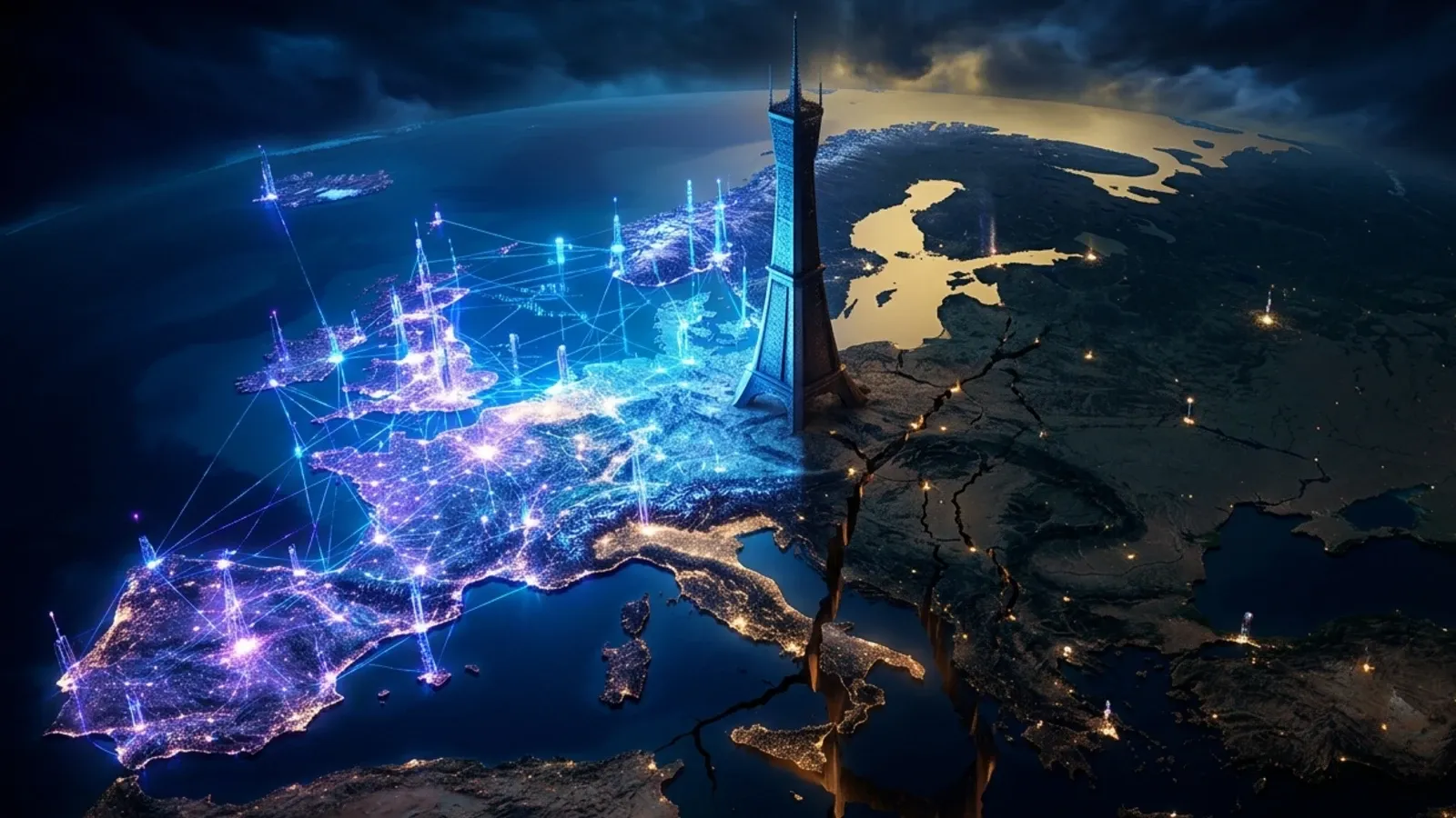 Glowing 5G network towers light up western Europe while eastern regions crack and go dark
