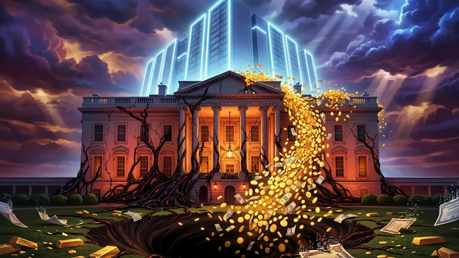 White House cracks as gold coins drain into void while AI towers rise behind it.